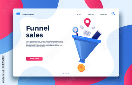 Funnel sales. Landing page business marketing sales generation, buyer conversion and money profit generations vector illustration