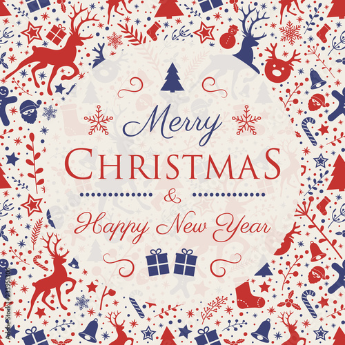 Decorative Christmas card with seasonal ornaments. Vector.