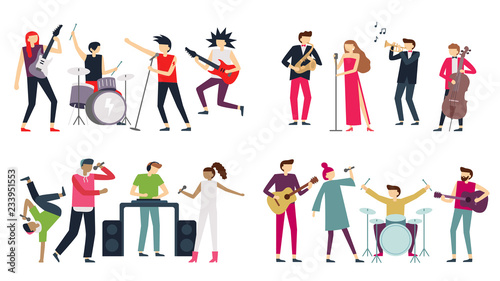Music band. Jazz blues, punk rock and indie pop bands. Metal guitarist, drummer and rap singer isolated musicians vector set