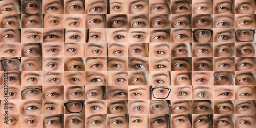 Collection of images of human eyes of men and women forming a texture. Eye background collage