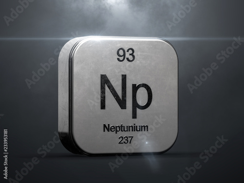 Neptunium element from the periodic table. Metallic futuristic icon 3D rendered with nice lens flare
