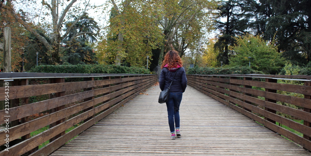 Donna che cammina sul ponte nel parco in Autunno