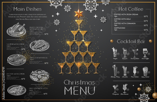 Christmas menu design with golden champagne glasses. Restaurant menu. Pyramid of champagne glasses