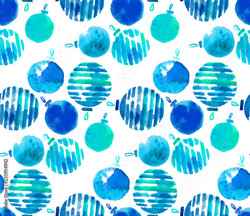 Watercolor xmas blue baubles seamless pattern.