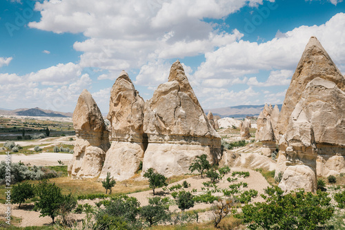 Beautiful view of the hills of Cappadocia. One of the sights of Turkey. Tourism, travel, nature.