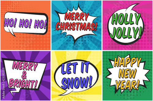 Bright colorful christmas retro speech bubbles set. Black outline color message balloons with halftone shadow and stripes in pop art style for winter holiday stickers  happy new year greeting  design
