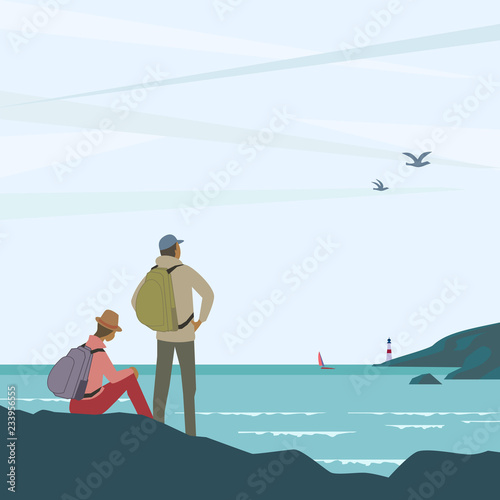 Time for adventures concept. Young couple of tourists on seashore enjoy marine landscape scenic view. Backpacking family travel. People hiking to the sea beach. Minimal style. Vector illustration