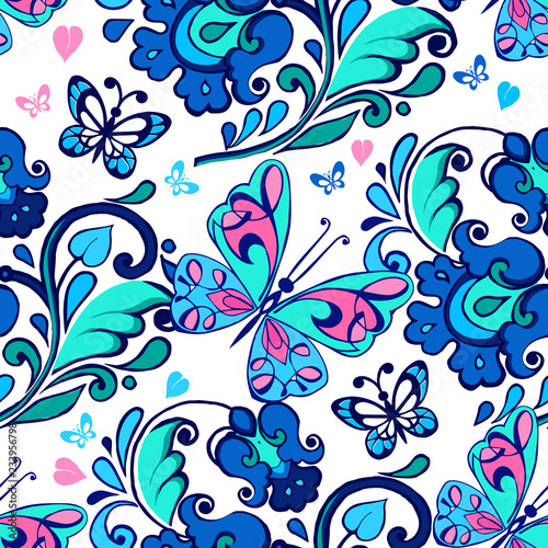 Folk floral seamless pattern with blue and pink butterflies
