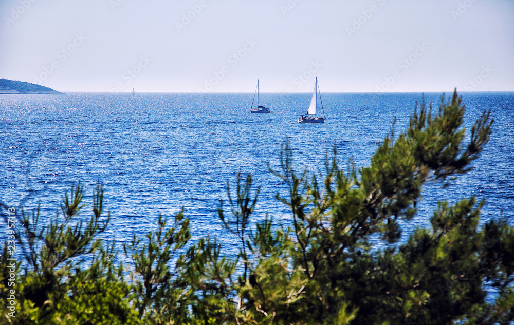 Scenic view of a boat sailing in the Adriatic Sea. Croatia