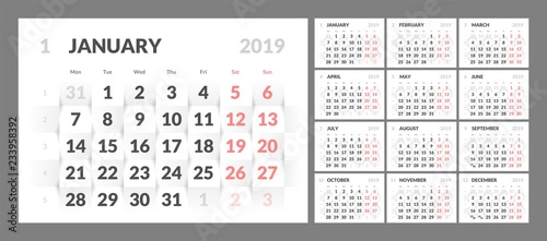 Year 2019 calendar on white abstract texture. Vector background 3d paper art style. Horizontal design template with numbers of days of weeks. Week Starts Monday.