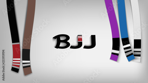 Brazilian jiu jitsu banner. Adult belts with stripes. Bjj logo.  photo