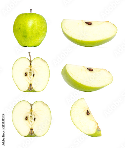 Green apple composition collection in different variations isolated on white background. Whole, cut in half and a slice of apple. Clipping Path