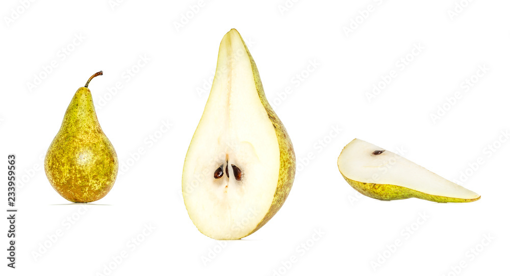 Pear fruit collection in different variations isolated on white background. Whole and sliced pear. Clipping path.