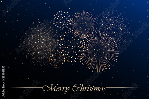 Firework show on blue night sky background. Christmas concept. Congratulations or invitation card background. Vector illustration