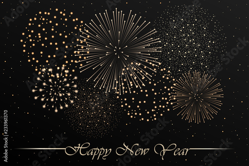 Firework show on grey night sky background. New year concept. Congratulations or invitation card background. Vector illustration