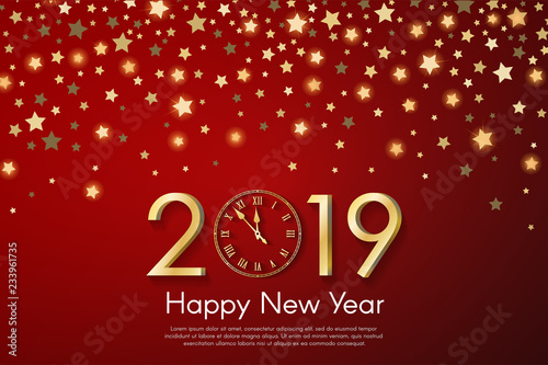 Golden New Year 2019 concept on red blurry starfall background. Vector greeting card illustration with golden numbers and vintage clock