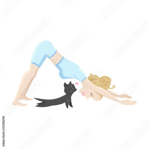 Blonde woman and pet cat standing in dog asana. Girl in yoga pose training with her cute cat.