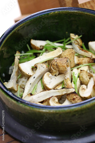 matsutake gohan, rice cooked with matsutake mushroom, japanese food photo