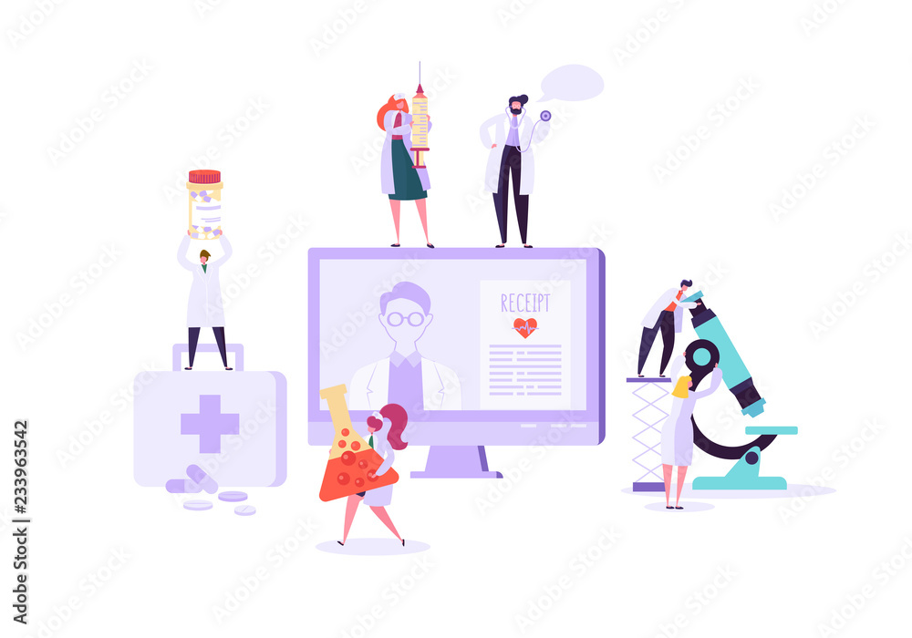 Fototapeta premium Flat medicine computer with app for doctors and viewing patient information. Concept modern online science equipment with man and woman characters. Vector illustration.