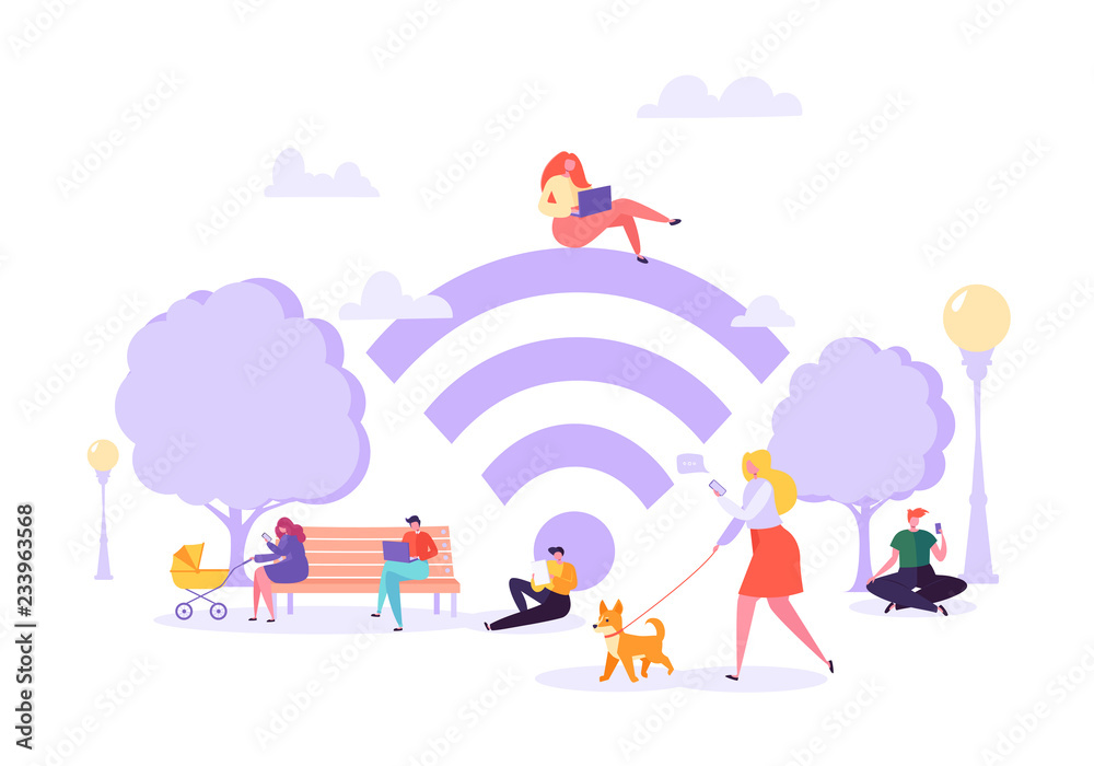 Wi-fi in the Park with People Using Smartphone and Laptop. Social Networking Concept with Characters with Mobile Gadgets. Vector illustration