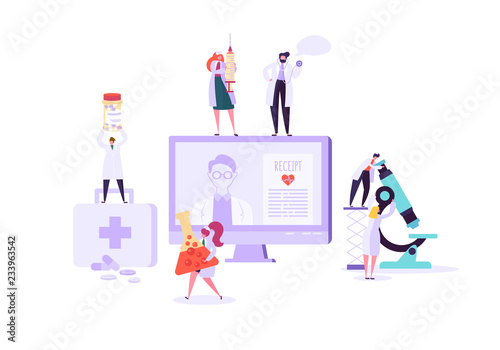 Flat medicine computer with app for doctors and viewing patient information. Concept modern online science equipment with man and woman characters. Vector illustration.