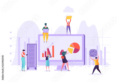 Business Data Analysis Concept. Marketing Strategy, Analytics with People Characters Analyzing Financial Statistics Data Charts on Computer. Vector illustration