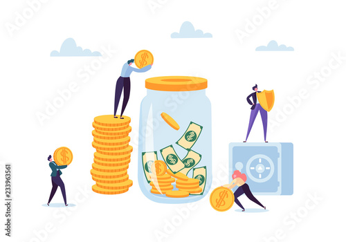 Money Savings Concept. Business People Characters Investing Money on Bank Account. Moneybox, Safe Deposit, Banking. Vector illustration