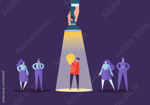 Hand with Flashlight Pointing at Businessman Character with Light Bulb. Recruitment, Leadership Concept, Human Resources, Creative Idea. Vector illustration