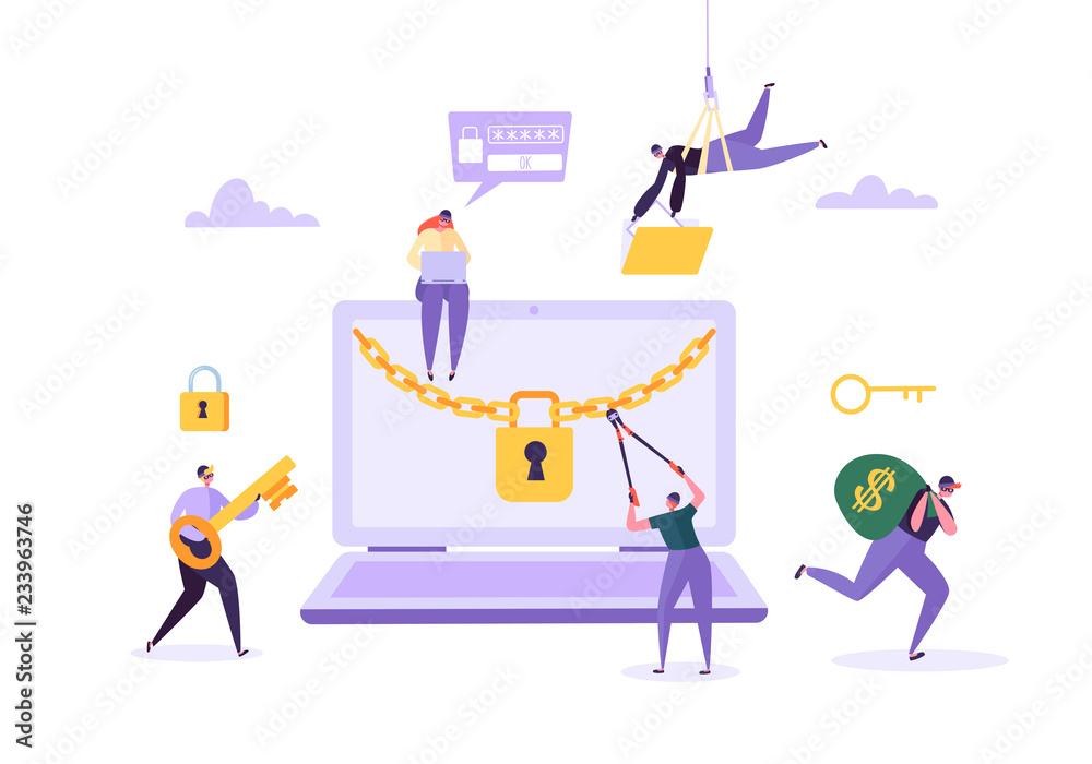 Hacker Stealing Password and Money from Laptop. Thief Characters Hacking Computer. Fishing Attack, Financial Fraud, Web Virus Concept. Vector illustration