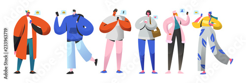 Social Networking Virtual Relationships Concept. Flat People Characters Chatting via Internet Using Smartphone. Group of Man and Woman with Mobile Phones. Vector illustration