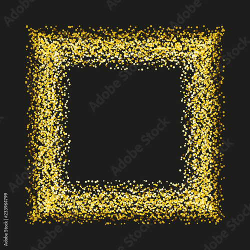 Gold sparkles and glitter powder spray frame. Sparkling glitter particles explosion on vector black transparent background. Golden round frame or luxury fireworks and confetti outburst