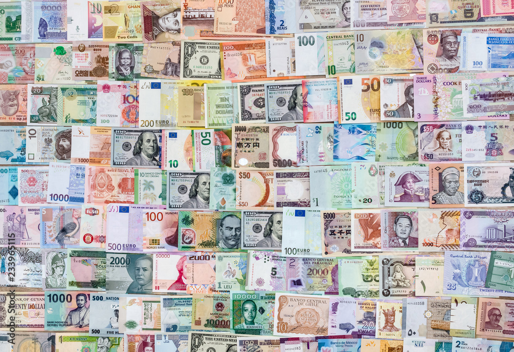 World money collection top view and closeup World money collection top view and closeup