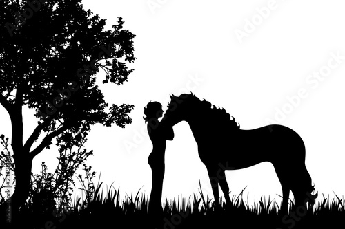 Vector silhouette of woman with horse on the meadow.