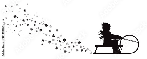 Vector silhouette of girl who sledding on snow toboggan.