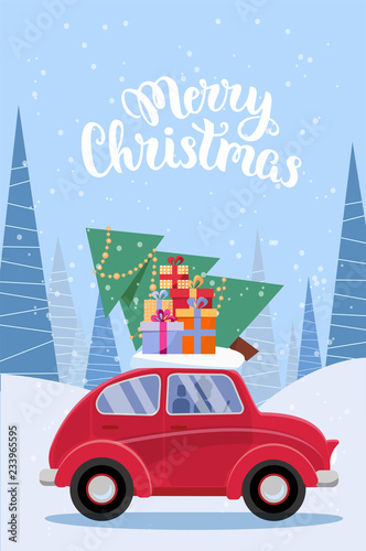 Vertical Festive postcard with lettering - retro car with presents, christmas tree on roof. Little red car carrying gift boxes.Vehicle car side view. Winter snowy forest. Flat cartoon illustration