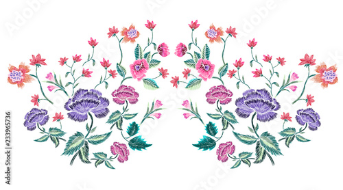 Embroidery neckline floral pattern with meadow flowers. Vector embroidered ethnic patch for print and fabric design.