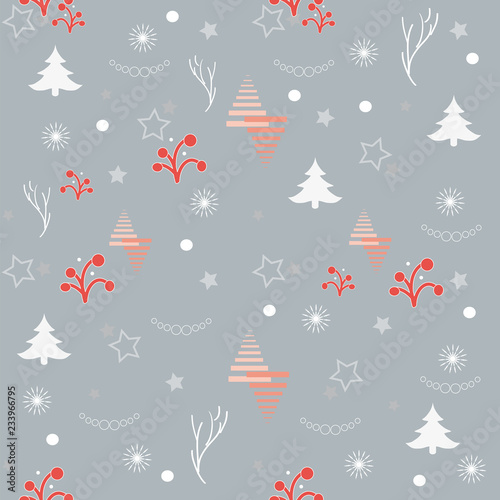 Seamless natural ornament on the new year theme in gray and red tones