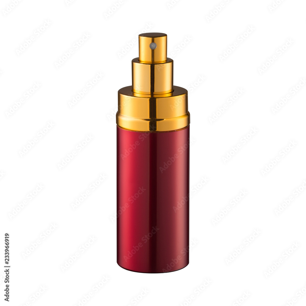 red perfume bottle with gold, with spray, without a cap, on a white background, isolate