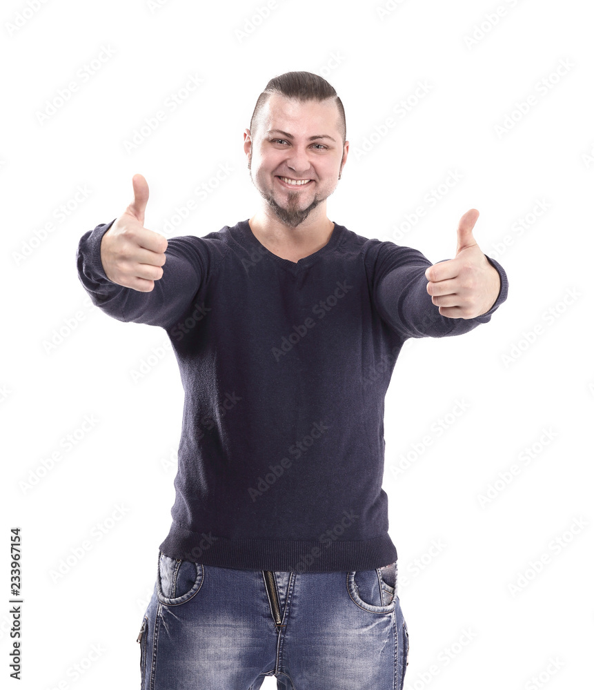 happy muscular man showing thumb up.isolated on white happy muscular man showing thumb up.isolated on white