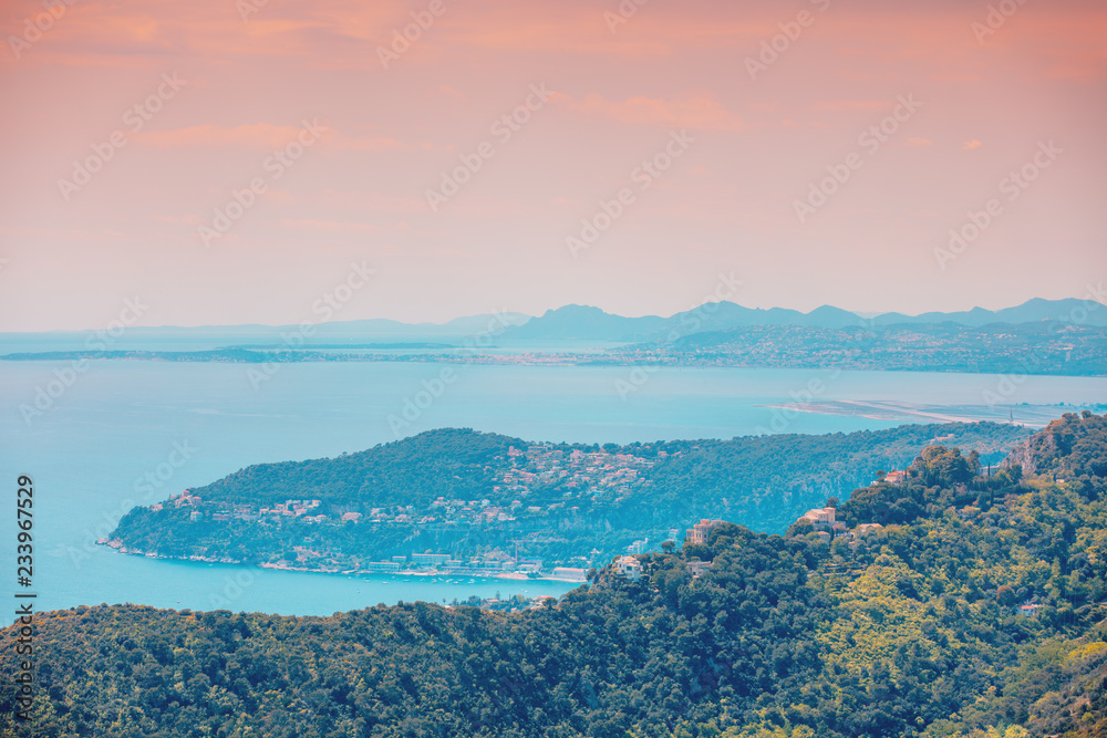 Panoramic view from the mountain on the Mont Boron, Nice, Cote d'Azur, France, Europe. France Riviera in the evening. Panoramic view from the mountain on the Mont Boron, Nice, Cote d'Azur, France, Europe. France Riviera in the evening.