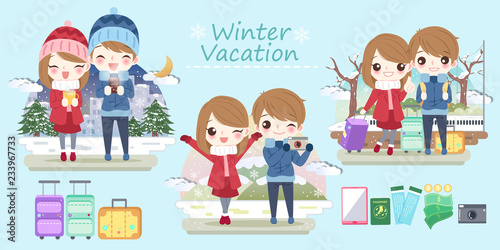 cartoon couple travel in winter