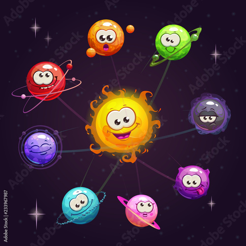 Funny cartoon fantasy solar system with colorful planet and sun characters on the space background.