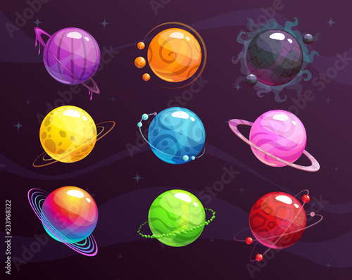 Cartoon colorful fantasy planets set on space background.