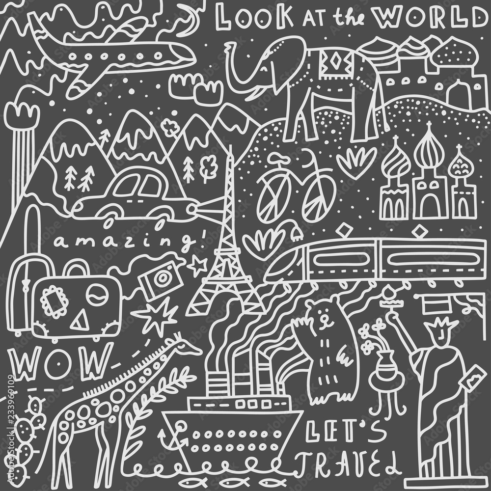 Travel set with lettering. Hand drawn vector illustration. Doodle style. Popular world symbols of tourism and traveling Travel set with lettering. Hand drawn vector illustration. Doodle style. Popular world symbols of tourism and traveling