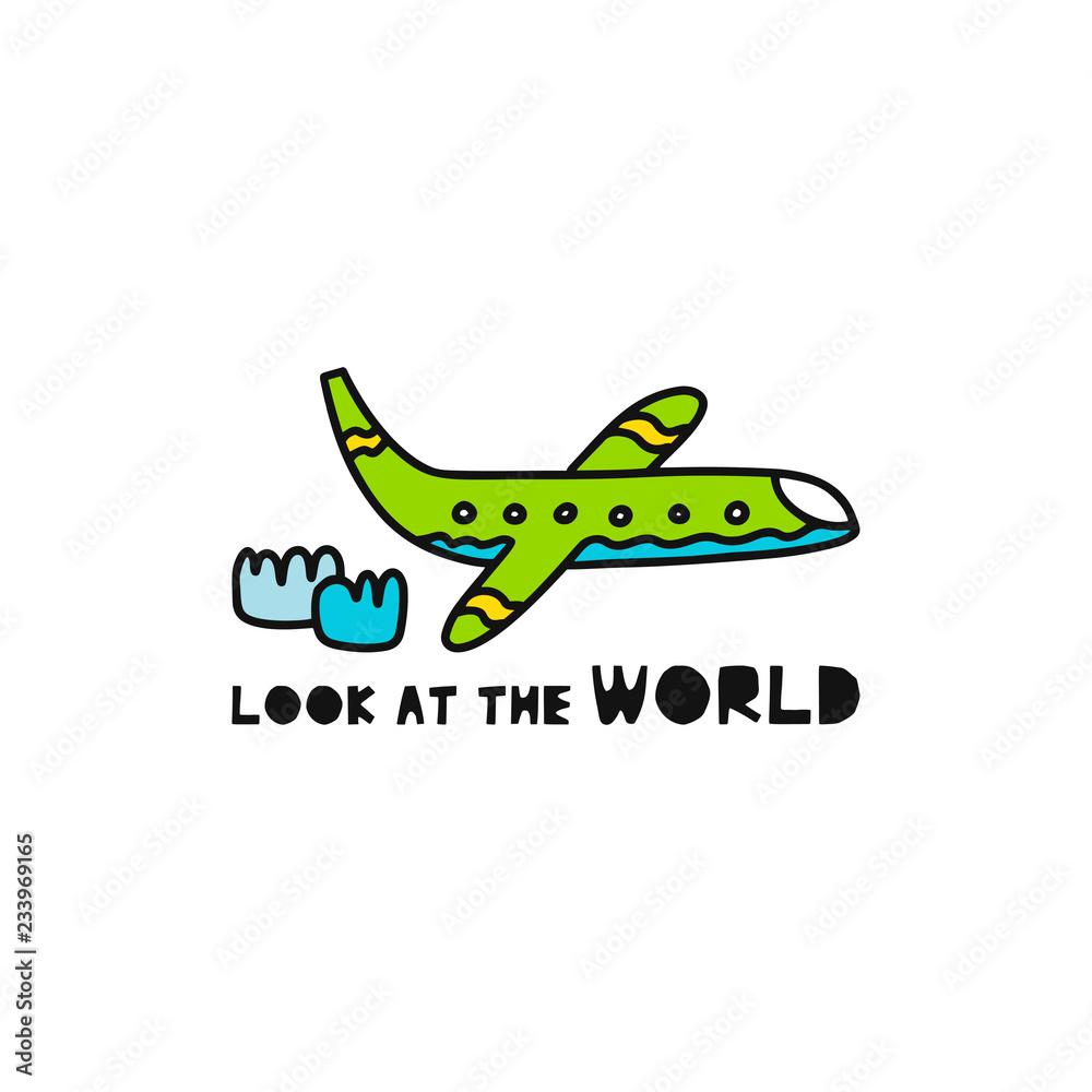 Travel card concept with plane and text 'look at the world' Doodle style Travel card concept with plane and text 'look at the world' Doodle style