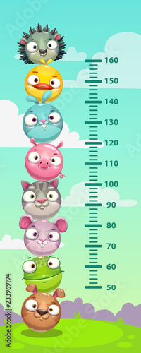 Kids height chart. Wall metter with funny cartoon round animals.