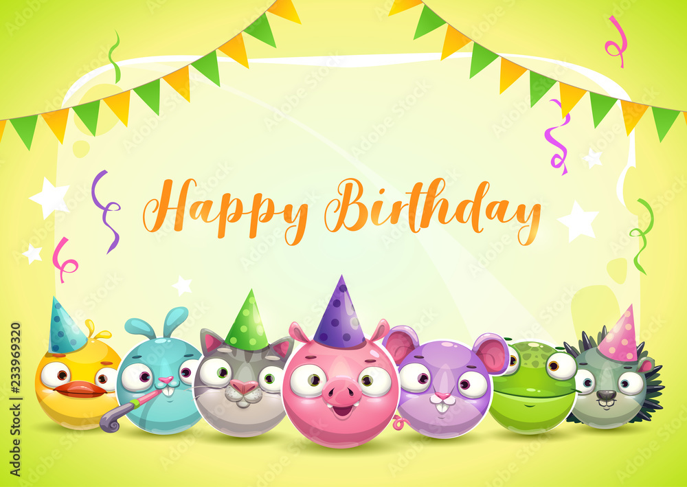 Happy Dirthday greetings. Cute childish decorative greeting card with funny found animals. Happy Dirthday greetings. Cute childish decorative greeting card with funny found animals.