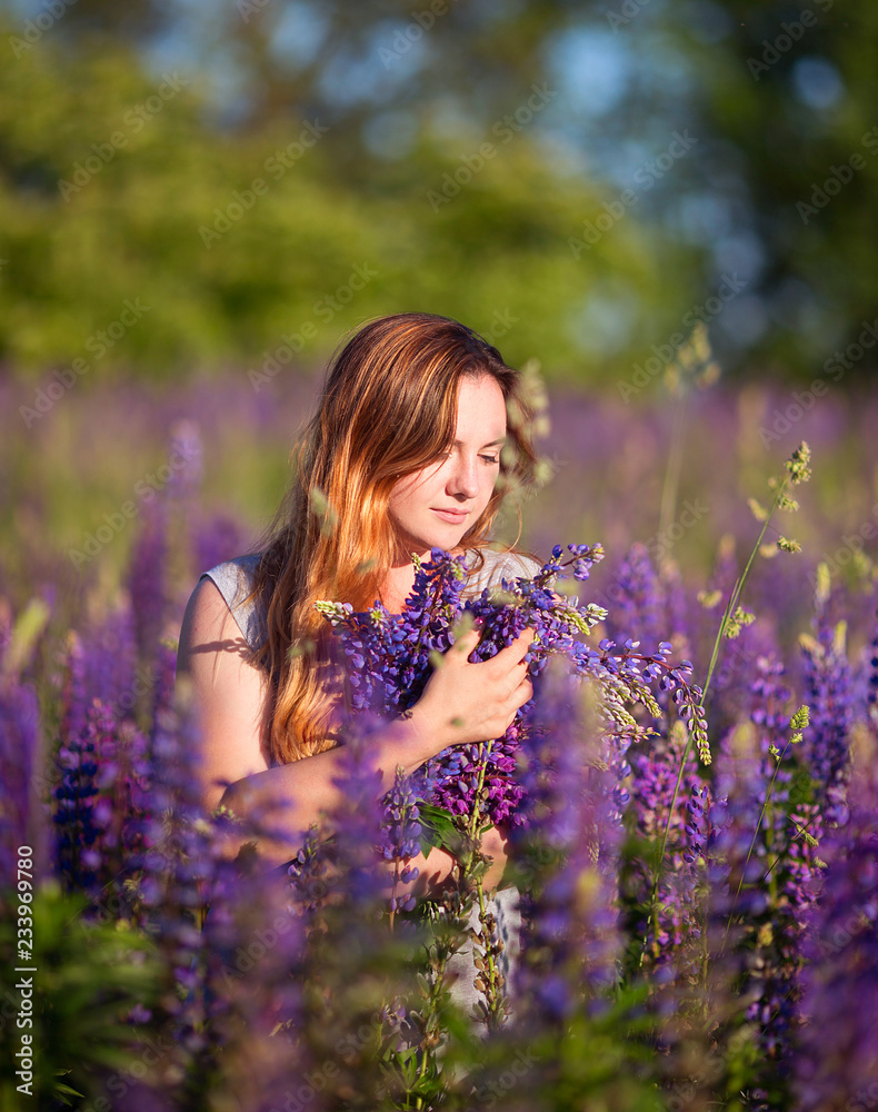 A beautiful girl is standing in a lupine field. A beautiful girl is standing in a lupine field.