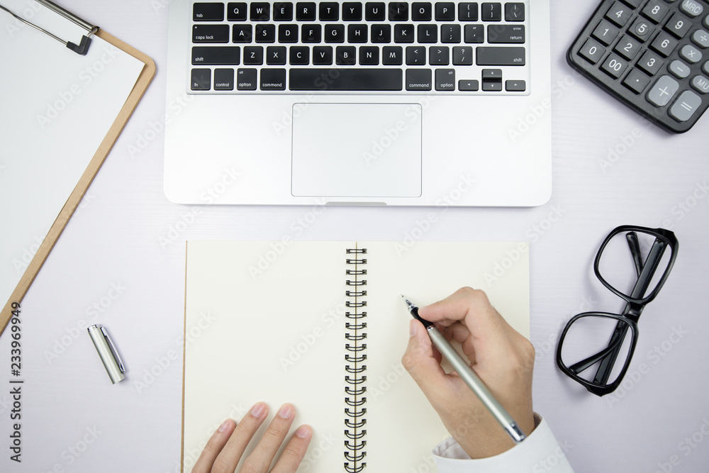 Top View Office Desktop With Hands Of Businessman Top View Office Desktop With Hands Of Businessman
