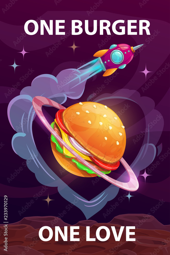 Fototapeta premium One burger, one love. Funny cartoon motivation food poster with giant burger planet.